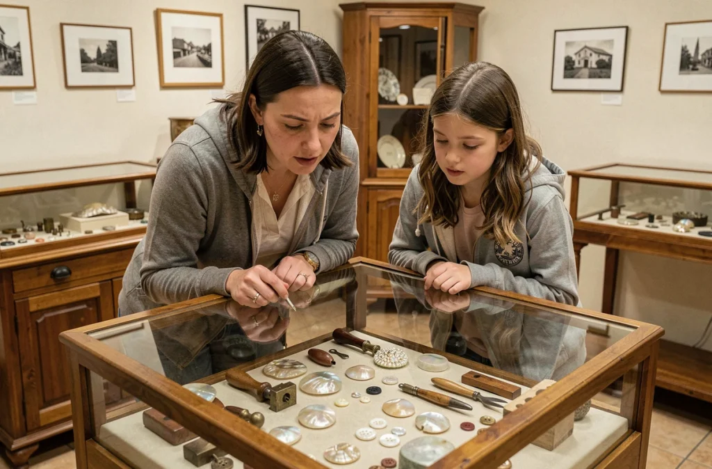 Femme et enfant observant des objets en nacre au Musée de la Nacre et de la Tabletterie de Méru