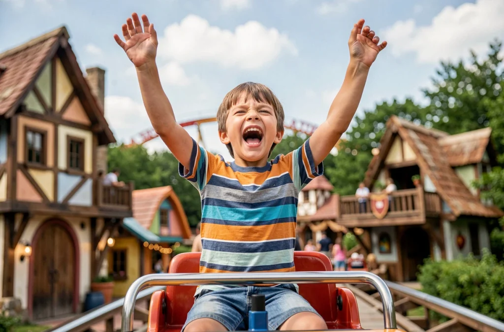 Enfant enthousiaste sur une attraction du Parc Astérix dans l'Oise