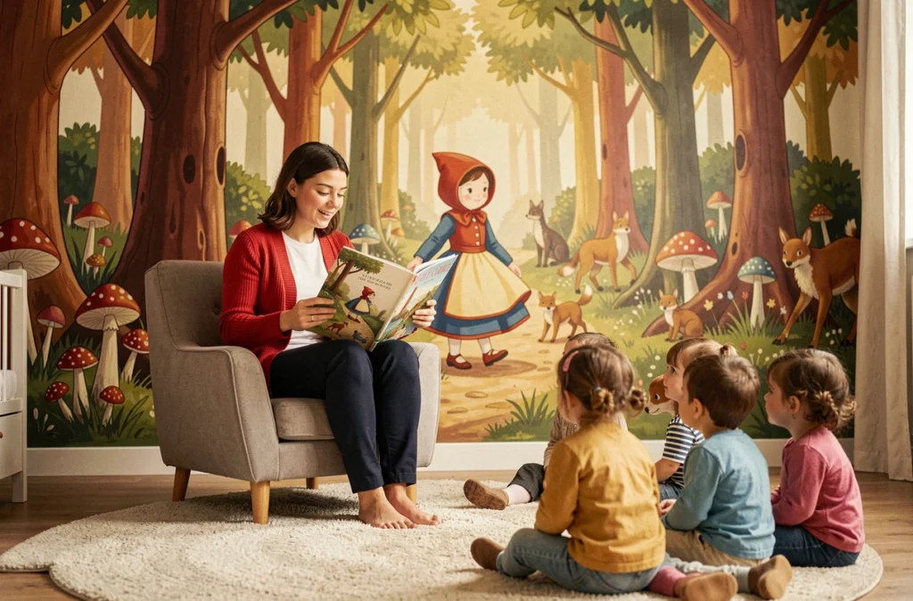 Éducatrice de la crèche Le Petit Chaperon Rouge dans les Hauts-de-Seine lisant une histoire à des enfants assis en cercle devant une fresque murale de conte de fées