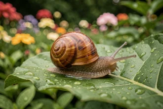 Petit escargot avec coquille spiralée sur une feuille verte couverte de gouttelettes d'eau dans un jardin fleuri