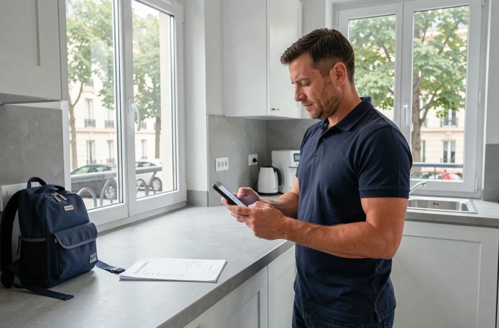 Père de famille préparant la rentrée scolaire en consultant le portail famille municipal sur smartphone à Meudon