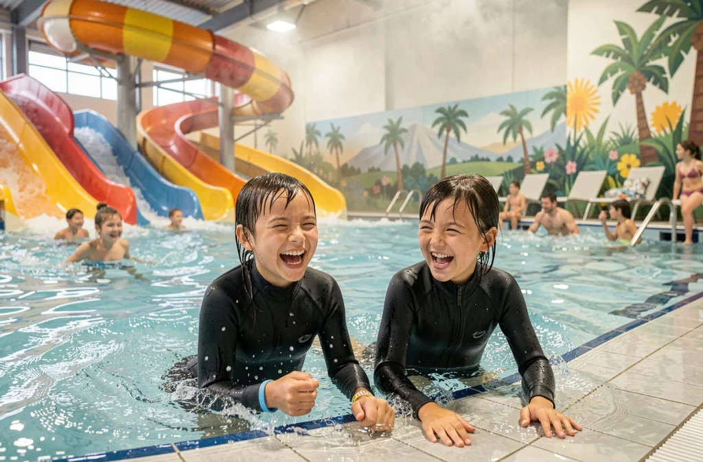 Deux enfants s'amusant dans la piscine à vagues du centre aquatique Pure Sensation dans l'Oise
