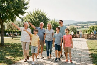 Famille multigénérationnelle explorant une attraction de loisirs en Haute-Garonne par une belle journée ensoleillée