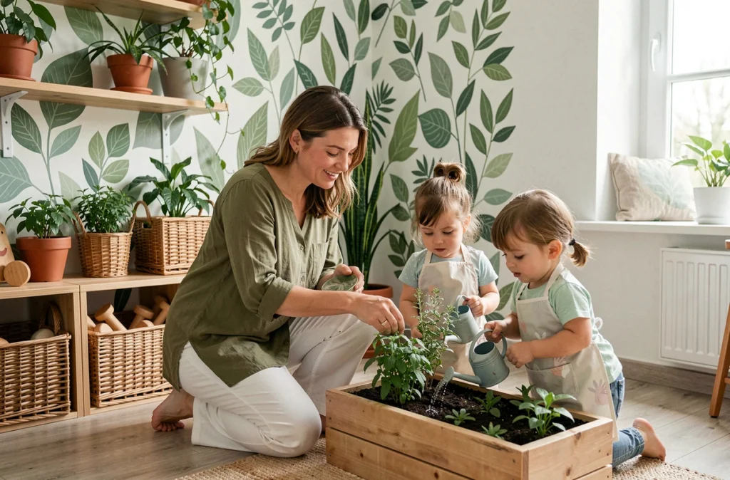 Éducatrice et enfants de la crèche Souris Verte dans les Hauts-de-Seine arrosant des plantes dans un espace pédagogique inspiré de la nature