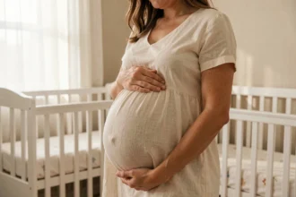 Femme enceinte de jumeaux dans une chambre de bébé avec deux berceaux blancs, tenant son ventre rond à deux mains