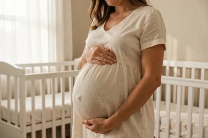 Femme enceinte de jumeaux dans une chambre de bébé avec deux berceaux blancs, tenant son ventre rond à deux mains