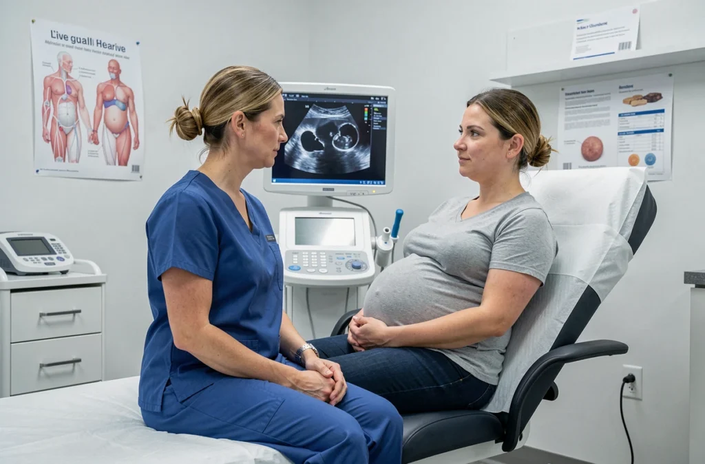 Médecin gynécologue montrant une échographie de jumeaux à une patiente enceinte lors d'une consultation prénatale